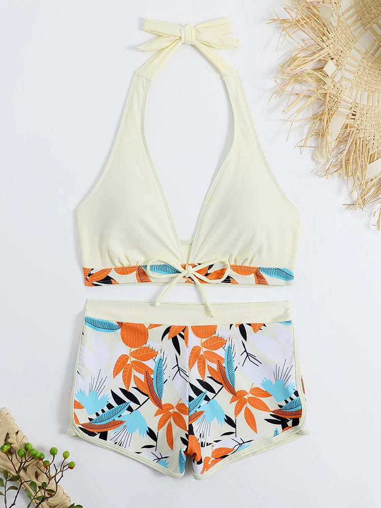 2026 Halter Bikini Set Short Swimsuit Women High Waist Swimwear Female Printed Bathers Swimming Bathing Swim Suit Beachwear