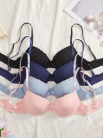 4Pcs Daily Lace Trim Women's Underwear Set Rib Knit Push up Underwire Bra Airy & Stylish Women's Bra
