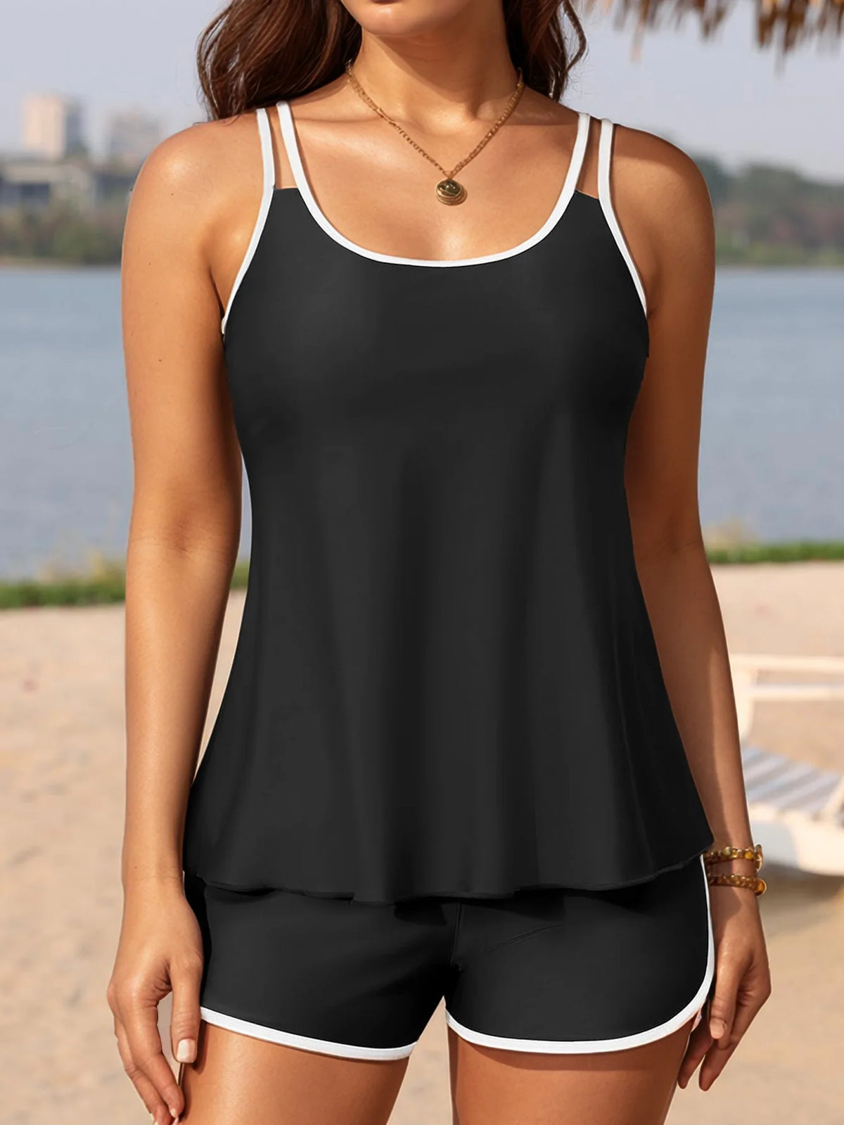 Black White Patchwork Tankini Set Swimwear Women 2026 Double Strap Push Up Tank Top High Waist Pocket Short Two Piece Swimsuit