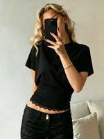 Woman Lace Crop Top Dolman Sleeve Summer Sexy Elegance Leisure Round Collar Semi Slim Solid Color T-shirt Top Pleating