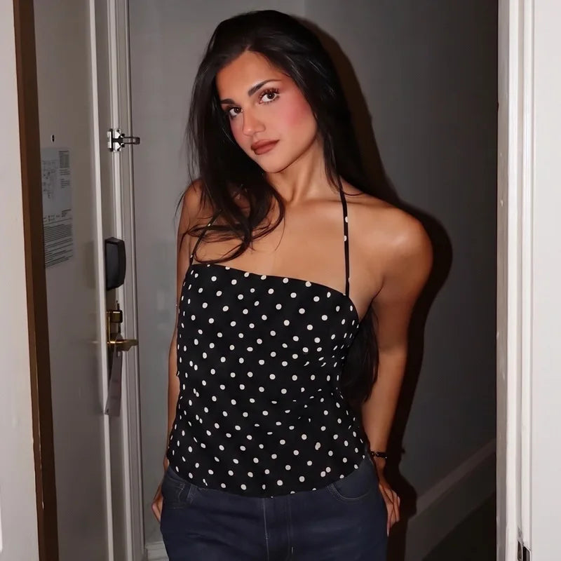FDYOUI Sexy Halter Neck Polka Dot Tank Tops 2026 Women Lace-up Backless Slim Corset Camisoles Ladies Summer Crop Top Streetwear