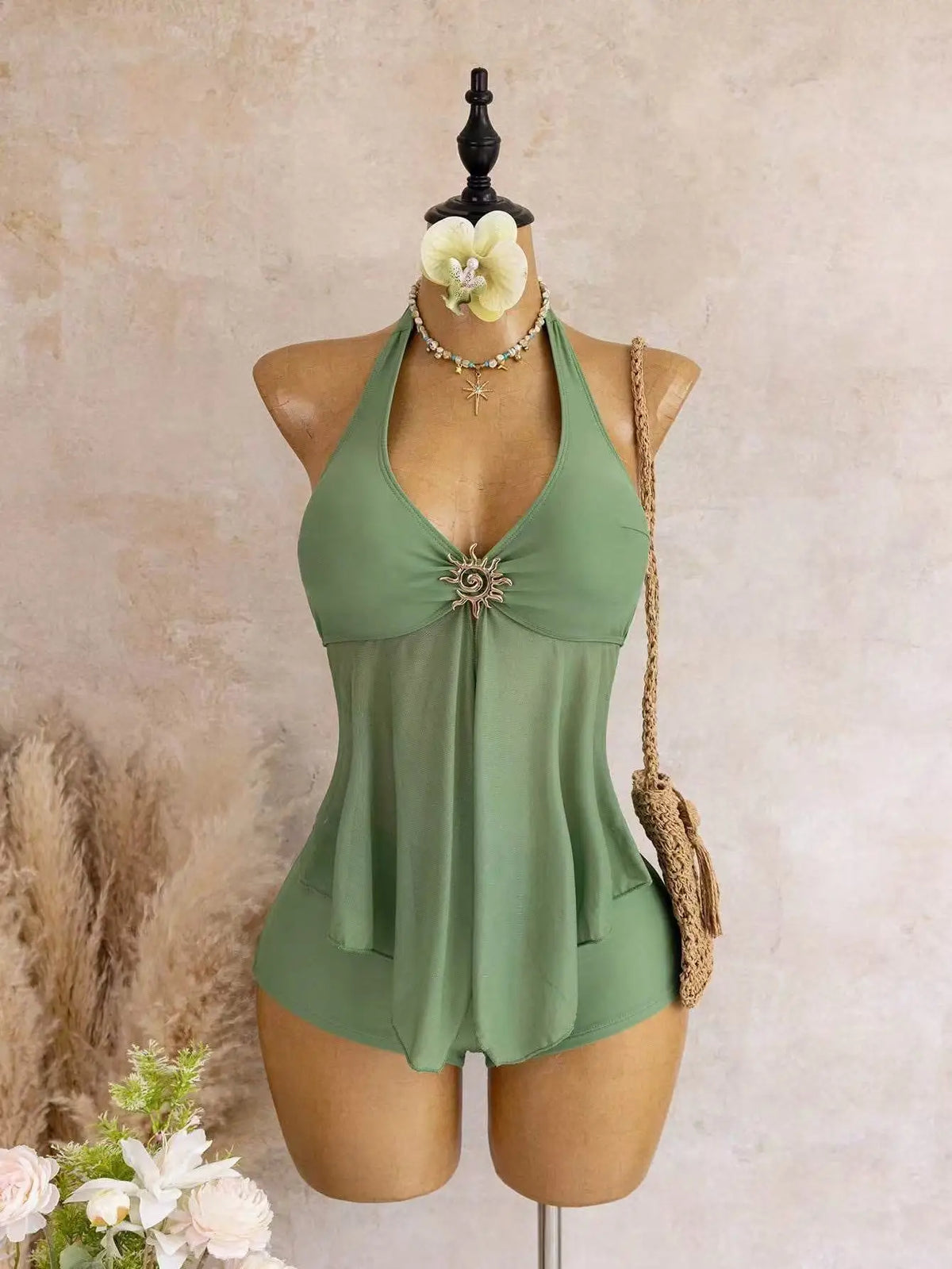 Sexy Beige Two Piece Bikini Set 2026 Women Metal Sun Ornament Mesh Tank Top High Waist Swimsuit Holiday Bathing Suit Swimwear