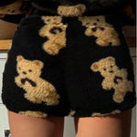 Women Autumn Winter Ins Style Cute Bear Printed Fluffy Shorts Thick Soft Cozy Hot Girl Loungewear Sleep Wear