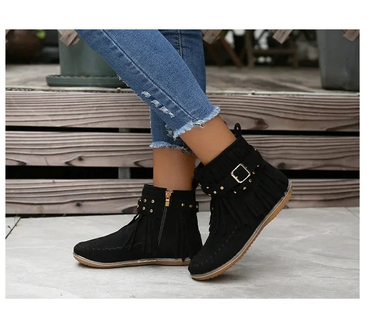 Vintage Women Boots Suede Ankle Boots Fringe Women Shoes Winter Boots Women Side Zipper Casual Shoes Ladies Snow Boot
