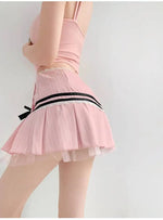 Striped Contrasting Color Bow Lace Splicing Pleated Skirt Women 2026 Summer American Style Low WaistA-line Short Skirt UBFK