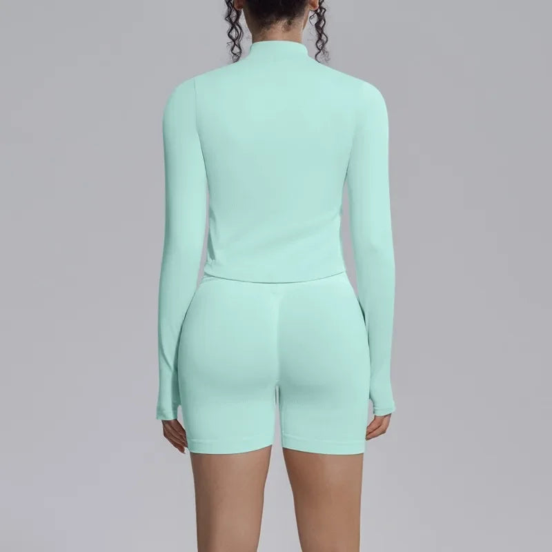 Women's Seamless Yoga Sets Sports Fitness Gym Zipper Long-Sleeve Jacket Hip Lift High-Waist Shorts Suits Workout Training Sets