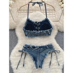 Bathing Suit Women Sexy Denim Suits Bikini Set Lace Up Drawstring Beachwear 2025 Solid Summer Vintage Two-pieces Swimwear