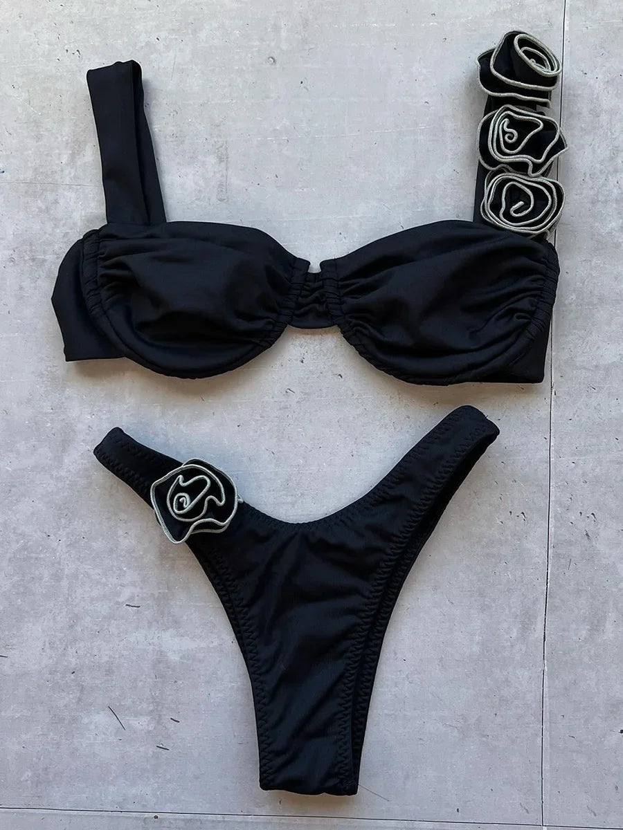 3D Flowers Underwired Brazilian Bikini Women Thong Swimwear Female Swimsuit Two-pieces Bikini Set Push Up Bathing Suit Swim