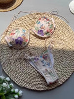 Sexy Pink Flower Embroidery Print Swimsuit Women 2025 Sexy Underwire Drawstring Bikini Set Summer Beach Bathing Suit Swimwear