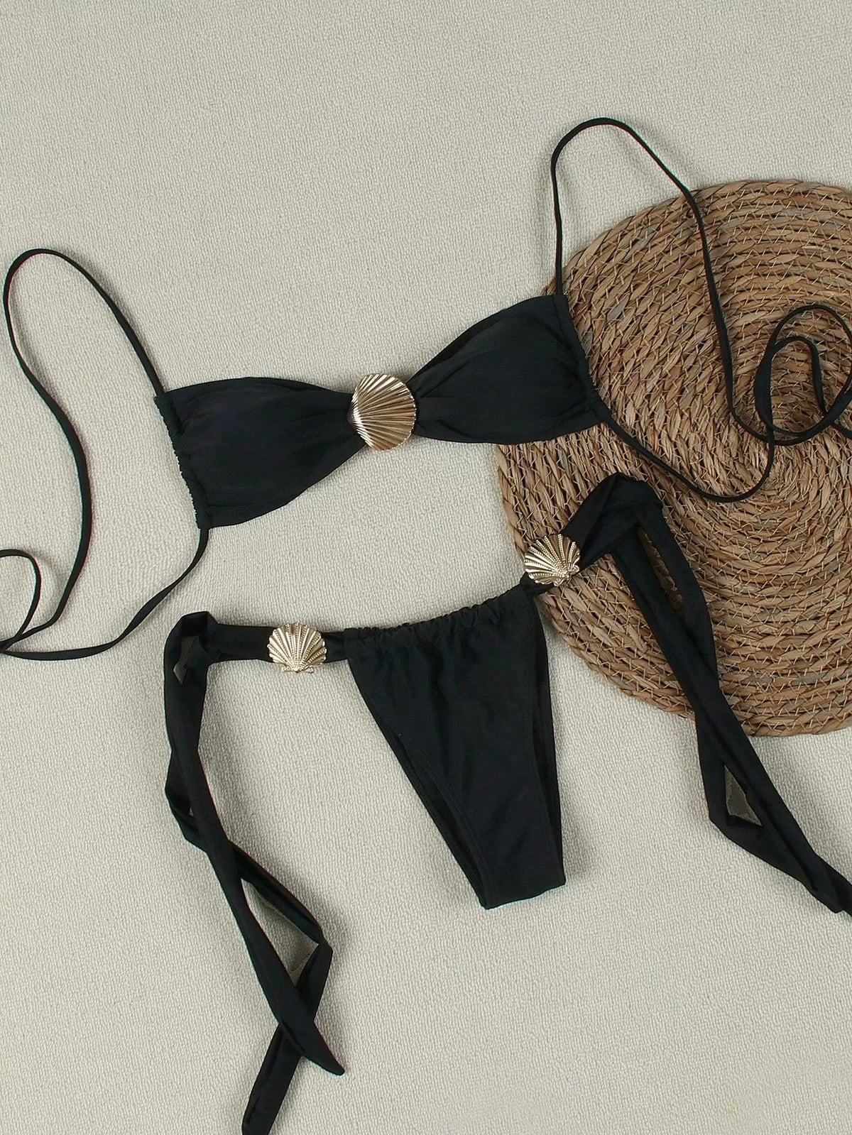 DEKA Women Brazilian Metal Shell Bikini Set Ornament Swimwear String Micro Bikini Thong Swimsuit Knotted Bathing Suit Biqui