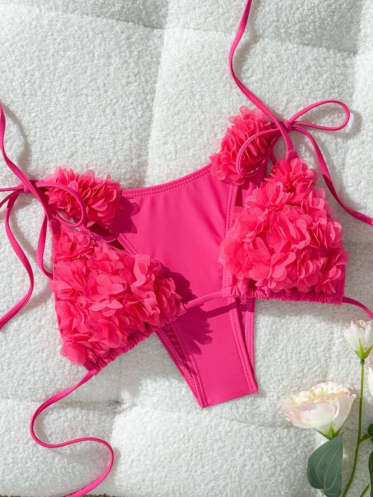 Women's Erotic Naughty Lingerie Sets Halter Neck 3D Mesh Flower Bra and Tie Up Thong