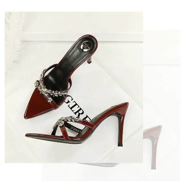Water Diamond Women's Sandals Summer Cross Band High Heel Slip-On Shoes Leather Material Anti-Slip Rubber Sole Casual Style