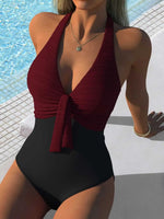 Sexy White Black Patchwork One Piece Swimsuit Women Front Bow V Neck Tummy Control Swimwear 2026 Large Size Beach Bathing Suit
