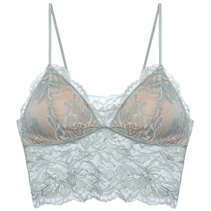 French Backless Bralette Sheer Lace Wireless Halter Top No Underwire Anti Nipple Show Comfort Bra & Tushy Set CA MOYISU Sexy Bra