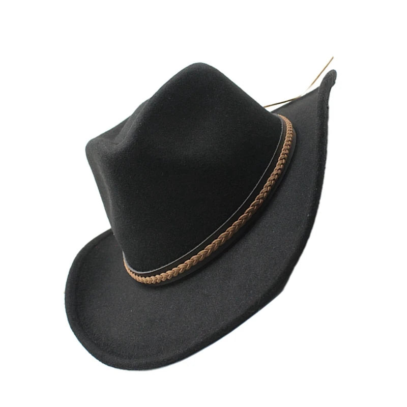 Women Men Retro Felt Jazz Hats Classic Cowboy Hats Wide Brim Cowgirl Sun Hats with Decorative Band