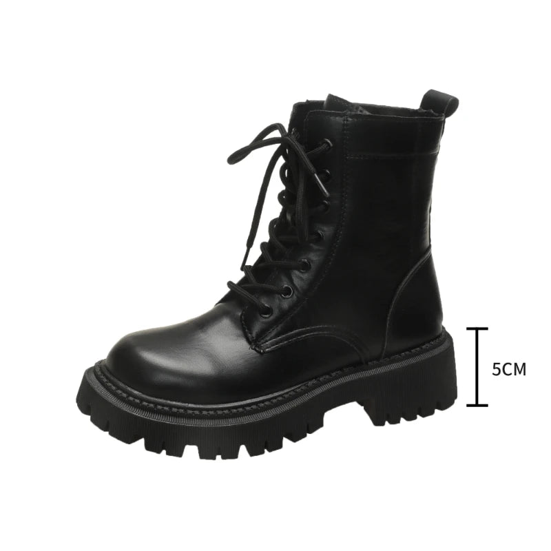 Women Lace Up Combat Ankle Boots PU Leather Chunky Lug Sole Round Toe Casual Winter Daily Shoes