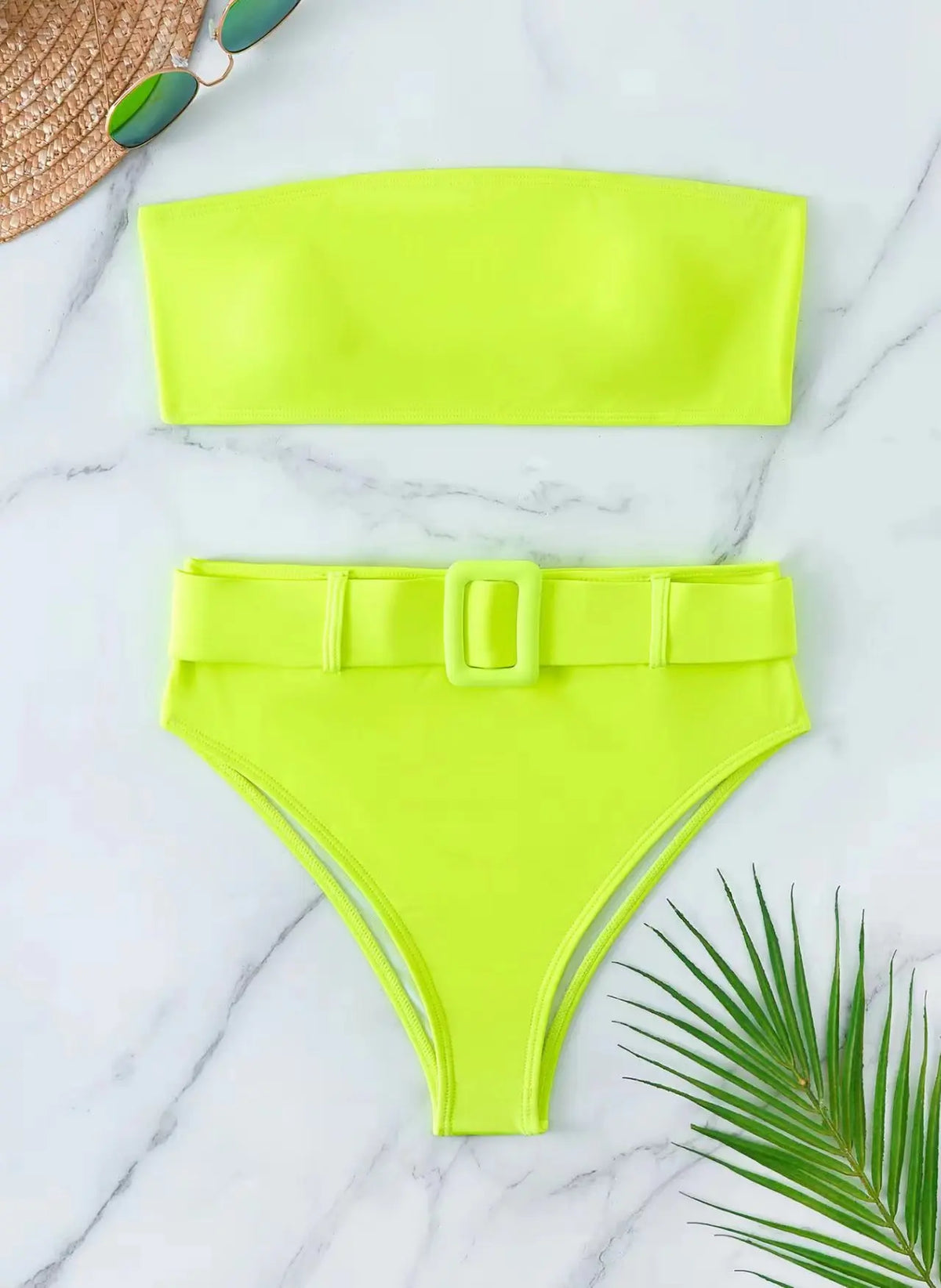 Neon Yellow High Waist Bikini 2024 New Belt Women Sexy Two Piece Swimsuit Push Up Swimwear Female Bathing Suit Summer Beachwear