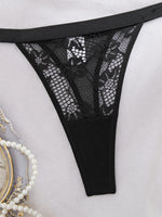 “Women's Black Lace Bra and Thong Set - Sexy Sheer Underwire Lingerie, Floral Embroidery, Seductive Nightwear”