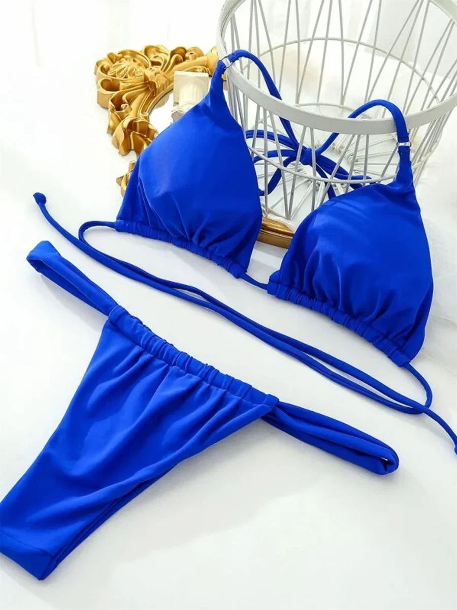 Wrinkled High Cut Mini Micro Thong Bikini Women Swimwear Female Swimsuit Two-pieces Bikini Set Halter Bather Bathing Suit Swim