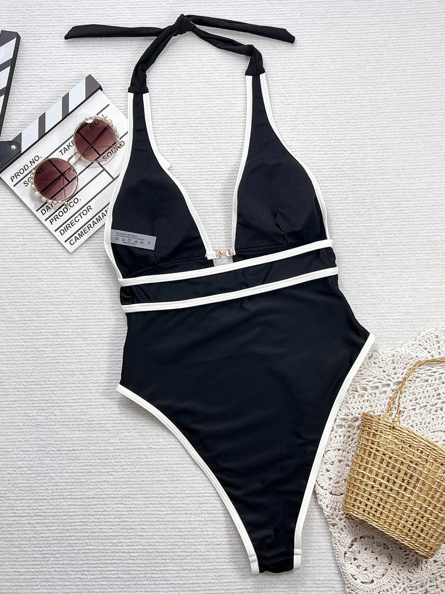 Tiger Printed Halter Deep V Neck One Piece Swimsuit Women Swimwear Female Backless Monokini High Cut Bathing Suit Swim Bodysuit