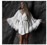 Bridal Short Silk Robe with Feather Sleeves Bride Photoshoot Bridal Robe Bridesmaid Gift Dressing Gown Angel Silk Feather Robe