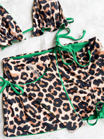 2026 Summer Leopard Print 3 Pieces Suit Swimwear Reversible Sexy Halter Lace-up Bikini Set Drawstring Skirt Cover Up Beachwear