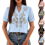 Women Floral Embroidery Puff Short Sleeve T Shirt Stand Collar V Neck Button Down Loose Solid Tees Summer Boho Casual Office Top