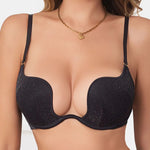 Black deep V-neck cinched top underwear for women, large breasts make small, soft steel coil bra, sexy mesh bra