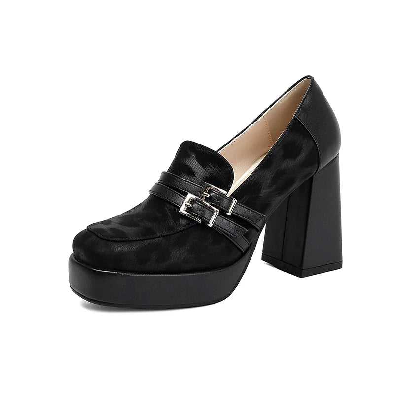 Square Toe Platform Double-Layer Buckle Shallow Sleeve Office Pumps Ultra-High Thick Heel Breathable High Heels