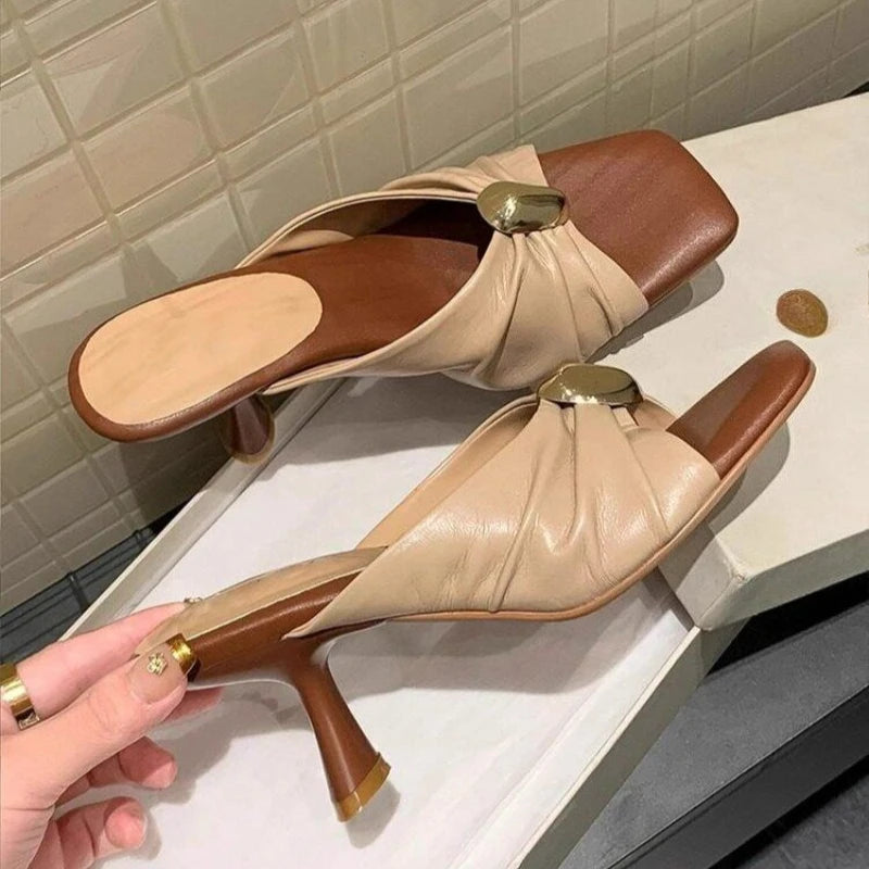 Summer Women Slippers Fashion Metal Decoration Open Toe Dress Slides Ladies Stripper Party Sandals