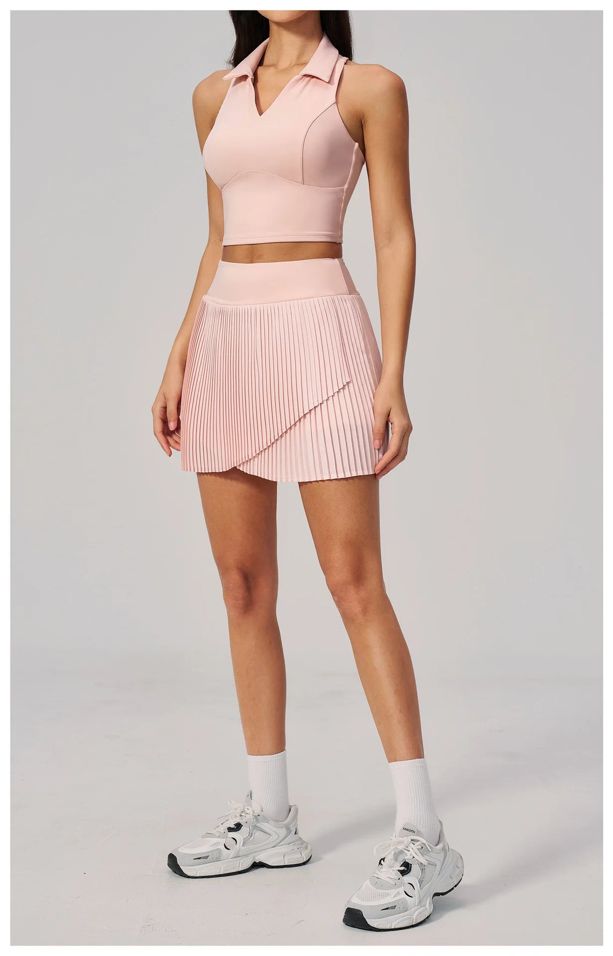 Women's Tracksuit Yoga Set 2 Pieces High Waist Pleate Pocket Skort Fitness Suit Turn Down Collar V Neck Slim Tank Top Sporstwear
