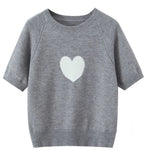 Fashion Casual Heart-patterned Short-sleeve Knit Shirt Women Heart Pattern Short Sleeve Knit Sweater Casual Crew Neck Top 7S5S