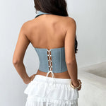 Sexy Gray Striped Turn Down Collar Camisole Women V Neck Front Tie Slim Fit Fishbone Tank Top Back Bandage Cross Club Party Vest