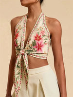 Sexy Knot Front Halter Crop Top for Women Summer Sleeveless Graphic Floral Printed V-neck Backless Tank Top Y2K Clothes