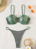 Sexy Green Shell Underwire Bikini Set 2025 Women Snake Print Push Up Swimwear Summer Bathing Suit Ruffles Micro Swimsuit Biquini