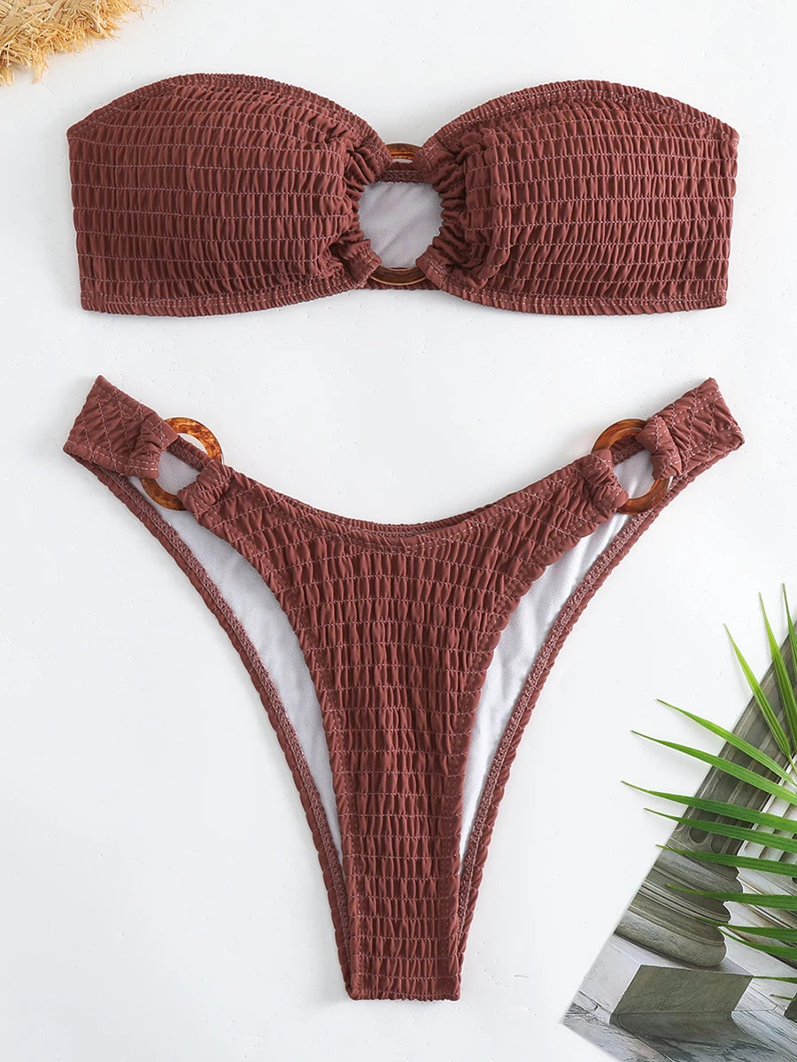 Ring Link Bandeau Bikini 2026 Women Brazilian Swimwear Female Sexy Swimsuit Solid Beachwear Bathers Bathing Swimming Swim Suit