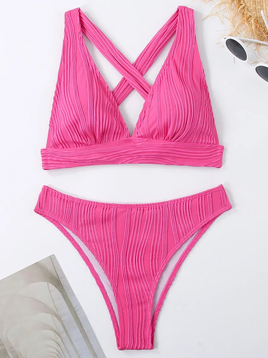 Wrinkled Crinkled Cross Back Bikini Women Swimwear Female Swimsuit Two-pieces Bikini Set High Cut Bathing Suit Swim Beach Wear