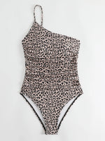 Sexy One Shoulder Swimsuit 2024 New Black Leopard Print Pleate Tummy Control One Piece Swimwear Beach Bathing Suit Monokini