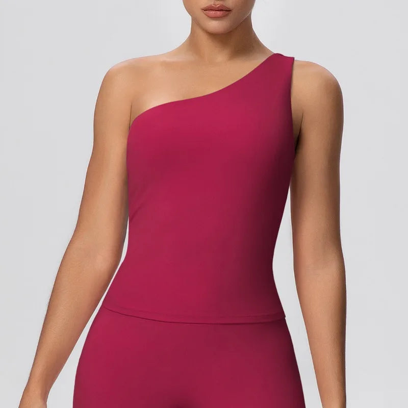 Women Seamless Cloud Feel One-Shoulder Waist-Cinching Yoga Vest Quick-Dry Slimming Sports Shaping Underwear Running Fitness Top