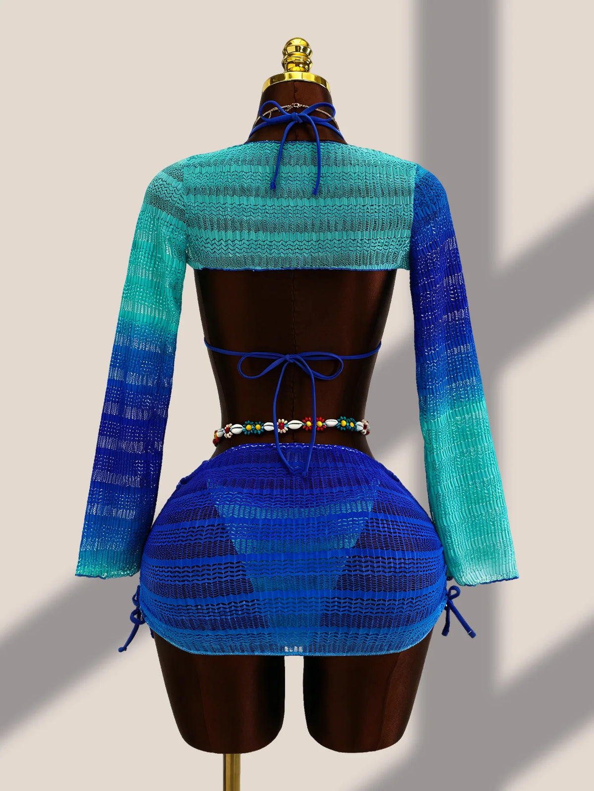 Sexy Blue Gradient Knitted 4 Piece Bikini Set 2026 Swimwear Women Long Sleeve Cover Up Drastring Skirt Holiday Thong Swimsuit
