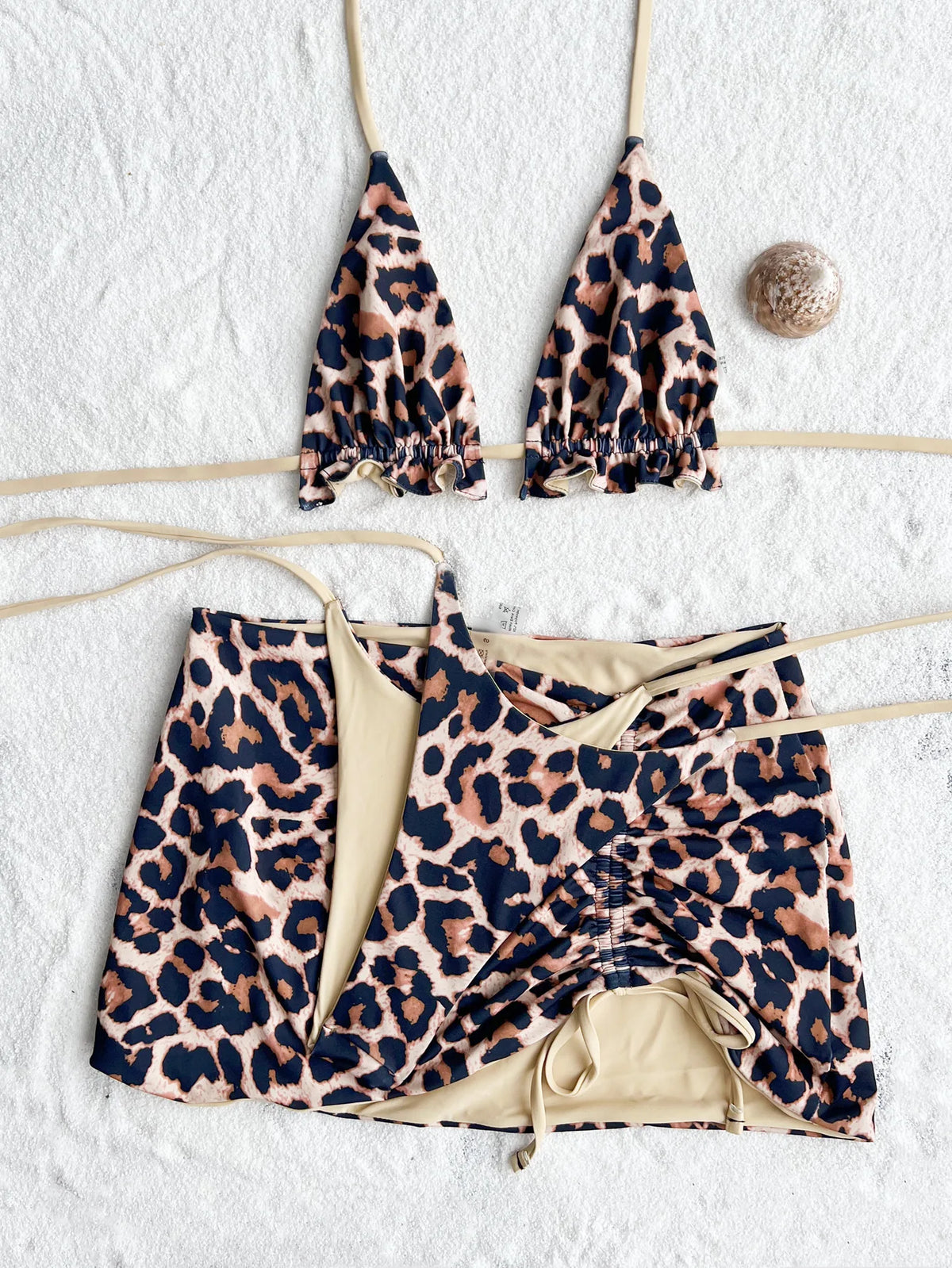 2026 Summer Leopard Print 3 Pieces Suit Swimwear Reversible Sexy Halter Lace-up Bikini Set Drawstring Skirt Cover Up Beachwear