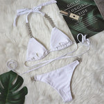 2026 Sexy Bikini Women Solid Halter Rhinestone Chain Bandage Swimwear Swimsuit Female Beach Bikinis Set Bathing Suit White/Black