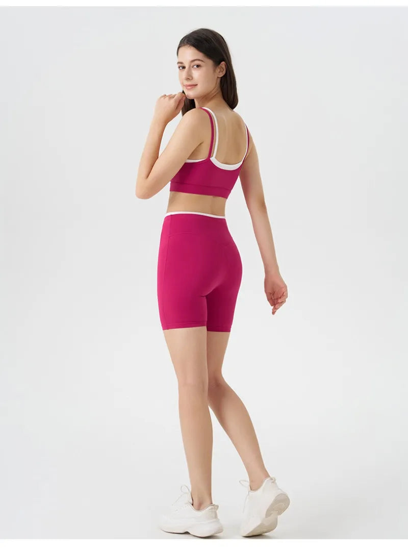 Women's 2-piece Yoga Set Fake Two-Piece Color-Block White Stripe Camisole Running Sports Bra Shorts Yoga Outfit Set
