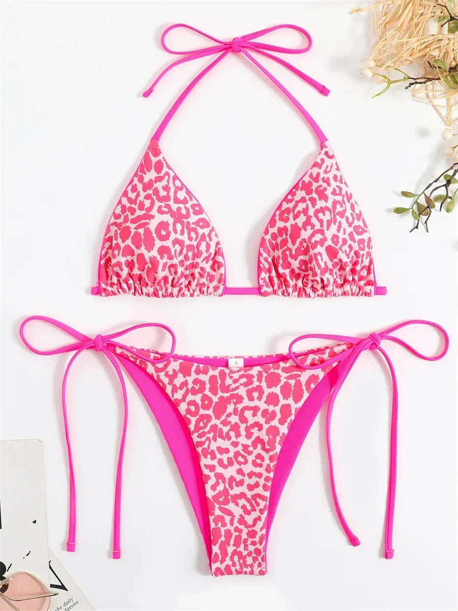 Sexy Micro Bikini 2025 Women Pink Leopard Print Neon Double Side Push Up Swimsuit Brazilian Beach Bathing Suit Thong Swimwear
