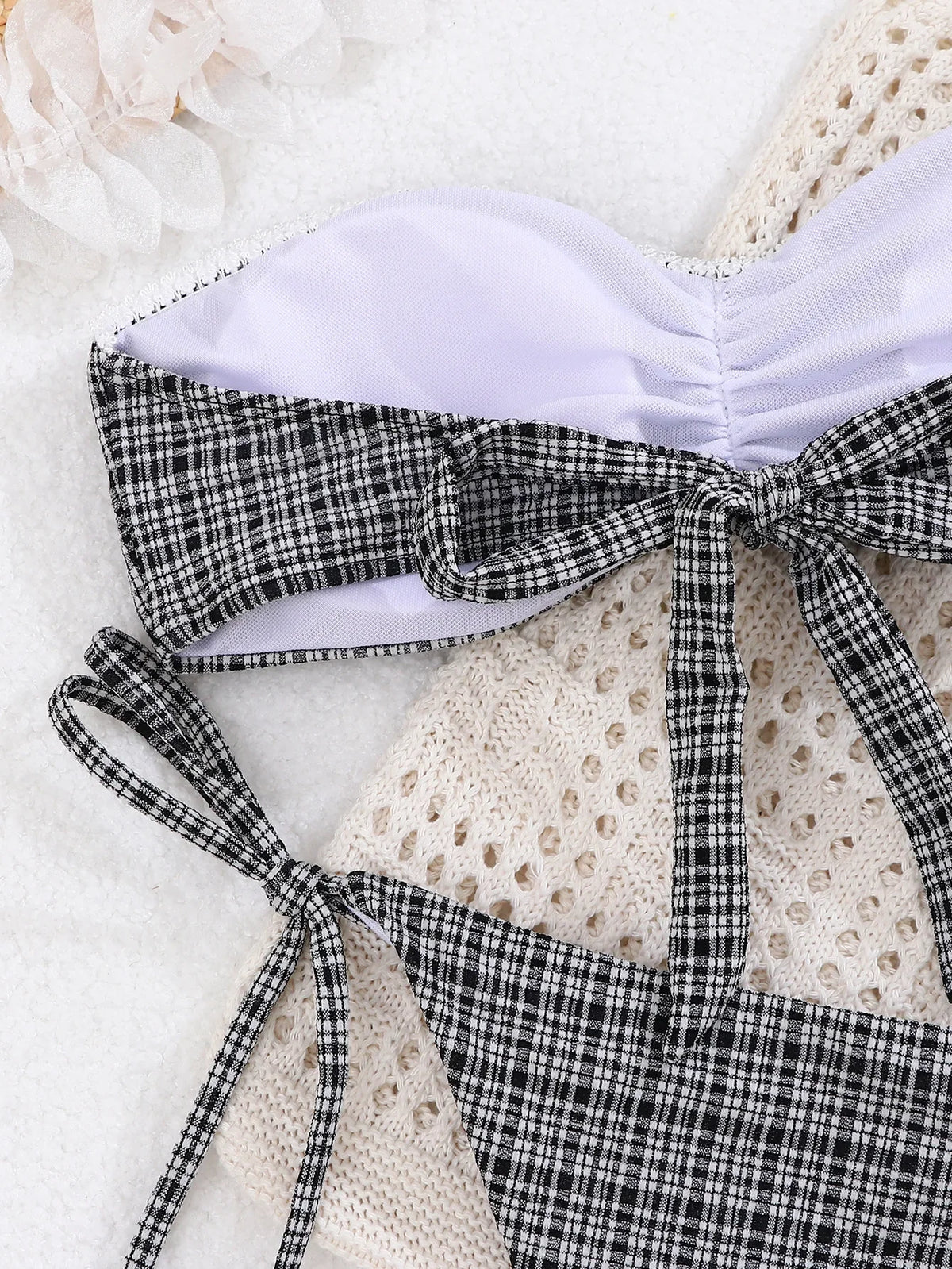 Sexy Bandeau Micro Bikini 2026 Women Bow Black Plaid Print Pleat Push Up Bra Bandage Thong Swimsuit Summer Bathing Suit Swimwear