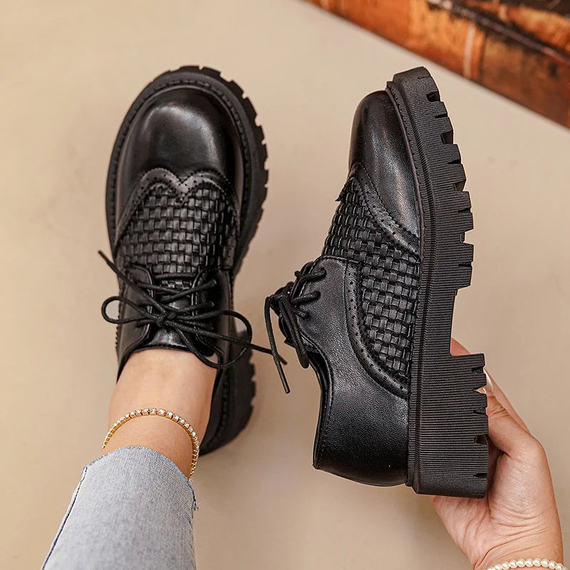 Pu Leather Platform Oxford Shoes Women 2026 Plus Size 42 Lace-Up Single Shoes Woman Comfort Non Slip Thick Sole Student Shoes