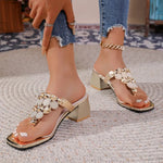 French Block Heel Pinch-on Flip-flops Summer Wear New Metal Embellished Plus-size Women's Shoes
