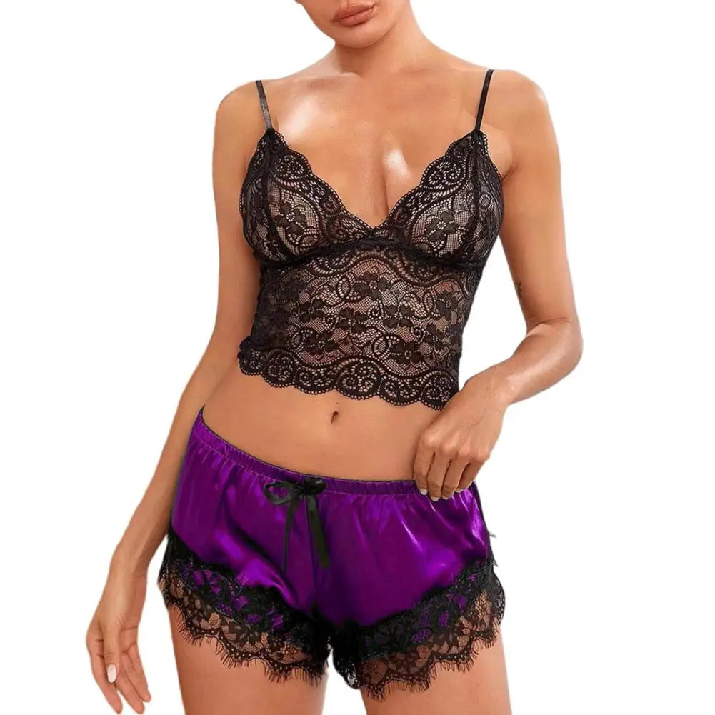 Women Pajama Set Lace Pajama Top Satin Shorts With Black Silk Bow And Lace Trim Sexy Lace Camisole Set Ladies Sleepwear Outfit