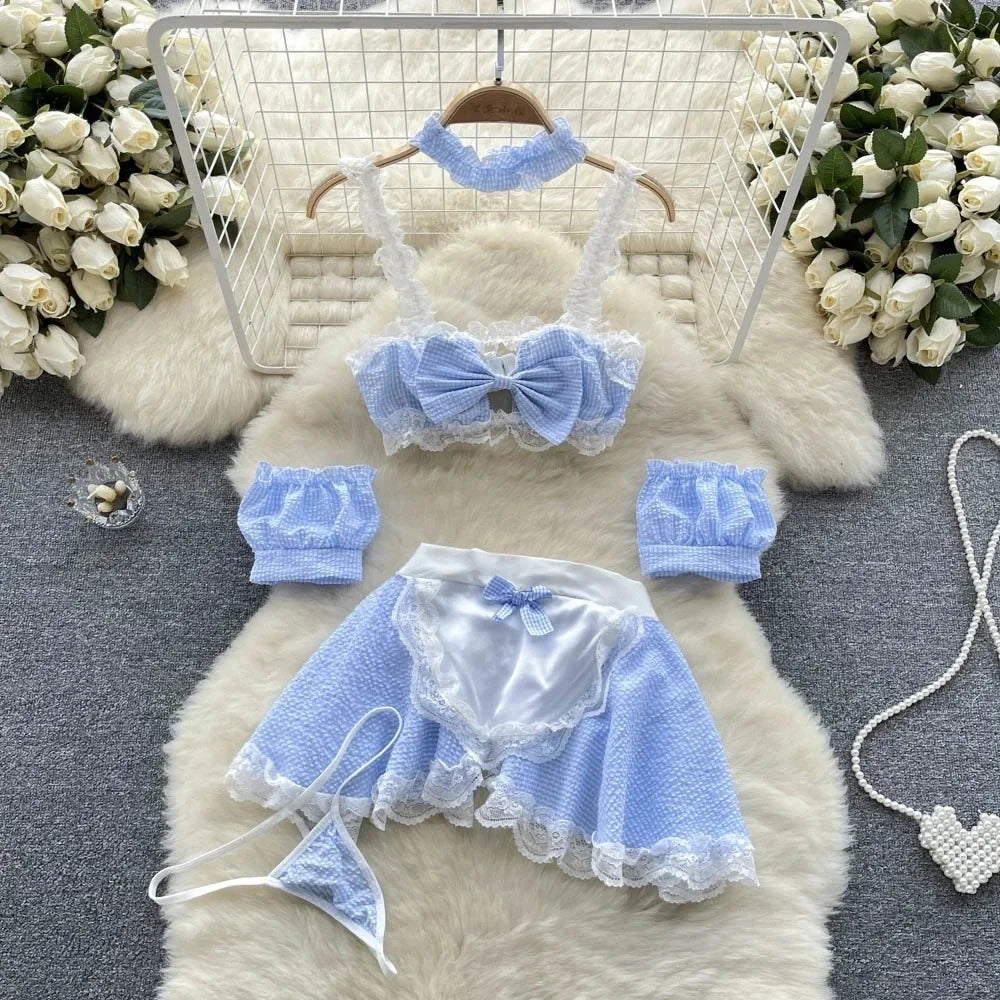 Cute LolitaMaid Bunny Costume Set With Apron Ruffle Cosplay VacationPerfect Halloween Outfit Halter Dress Set Outfit Style