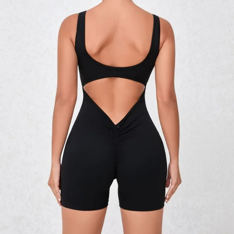 Women's Seamless Yoga Jumpsuit - Quick-Dry Nude Workout Suit with V-Neck & Sexy Back, Tight Fitness Wear for Running Gym Workout